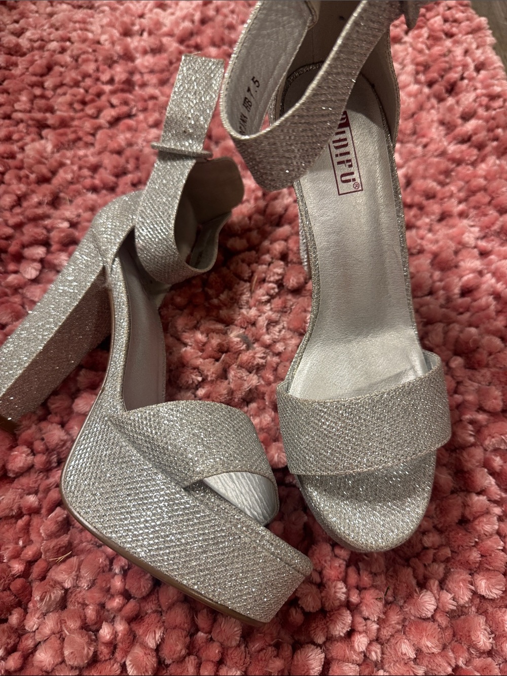 UNIF Silver Glitter Platform Ankle-Strap Heels